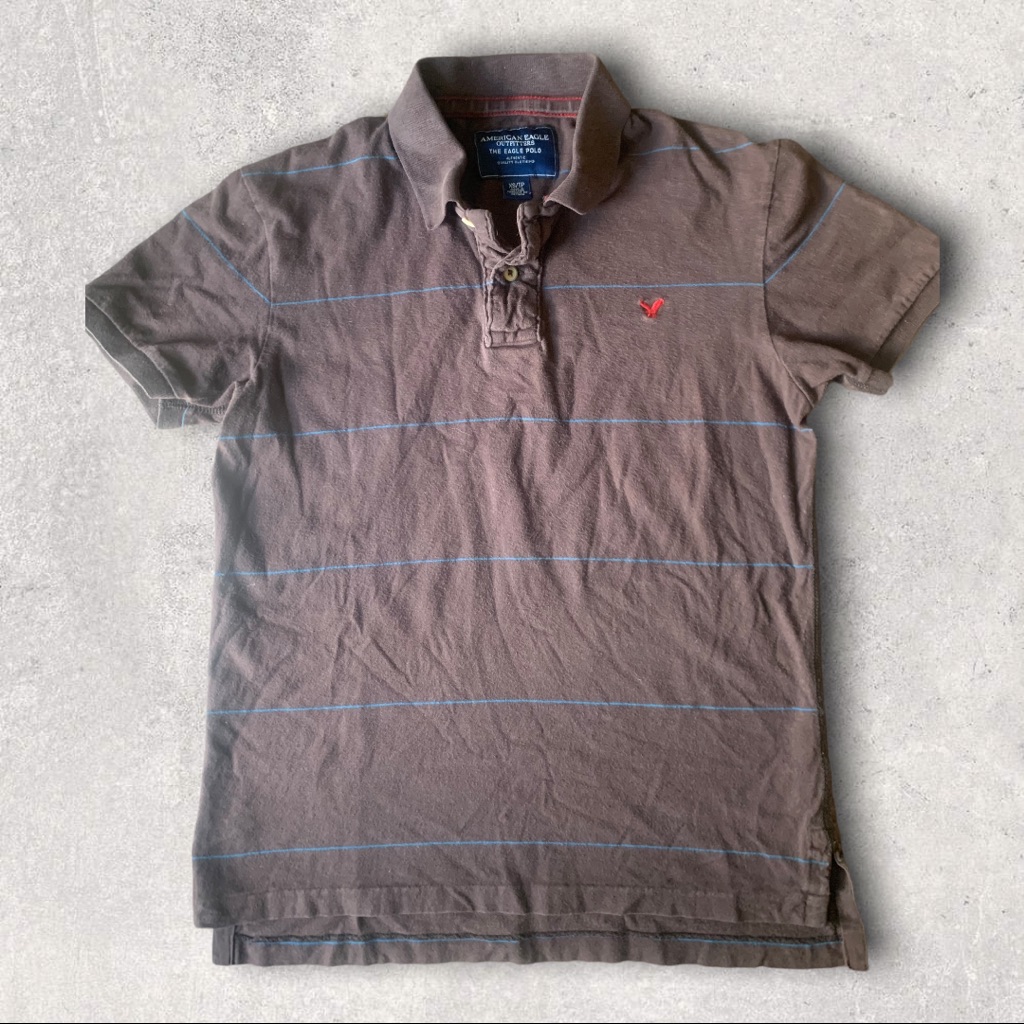 American Eagle Outfitters - The Eagle Polo - Brown W/Light Blue Stripes - Xs